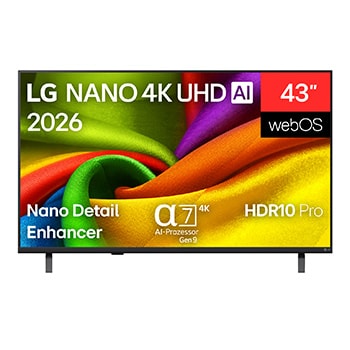 Vorderseite von 43 Zoll LG NANO 4K UHD AI NU8E Smart TV 2026 43NU8E0B3LA