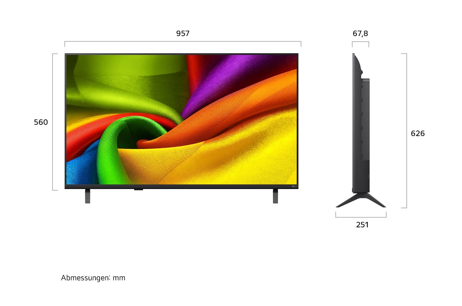 Der LG NANO 4K UHD AI NU80, gezeigt in Vorder- und Seitenansicht, verfügt über ein 43-Zoll-Display mit einer Bildschirmbreite von 957 mm, einer Bildschirmhöhe von 560 mm, einer Höhe von 626 mm mit Standfuß, einer Profiltiefe von 67,8 mm und einer Standfläche von 826 x 251 mm.