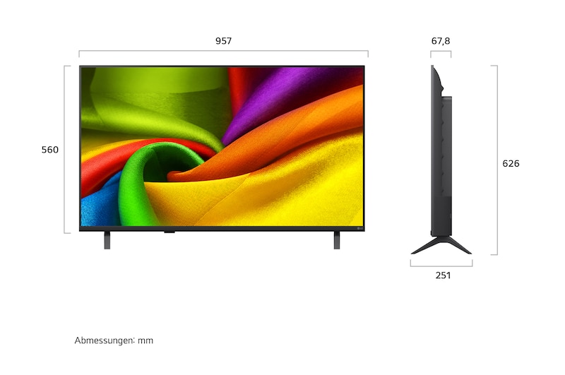 Der LG NANO 4K UHD AI NU80, gezeigt in Vorder- und Seitenansicht, verfügt über ein 43-Zoll-Display mit einer Bildschirmbreite von 957 mm, einer Bildschirmhöhe von 560 mm, einer Höhe von 626 mm mit Standfuß, einer Profiltiefe von 67,8 mm und einer Standfläche von 826 x 251 mm.