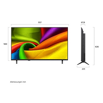 Der LG NANO 4K UHD AI NU80, gezeigt in Vorder- und Seitenansicht, verfügt über ein 43-Zoll-Display mit einer Bildschirmbreite von 957 mm, einer Bildschirmhöhe von 560 mm, einer Höhe von 626 mm mit Standfuß, einer Profiltiefe von 67,8 mm und einer Standfläche von 826 x 251 mm.