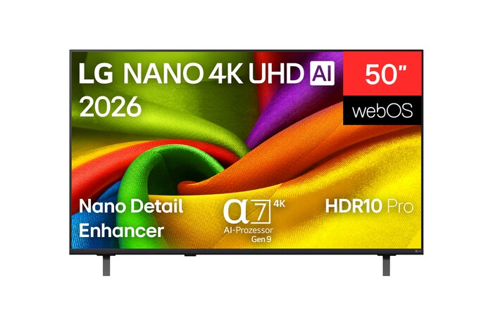 Die Vorderansicht des LG NANO 4K UHD AI NU80, der 2026 auf den Markt kam, füllt den Bildschirm mit reich strukturierten, stoffähnlichen Farbschichten, wobei sich lebendige, mehrfarbige Falten nahtlos über das Display ziehen.