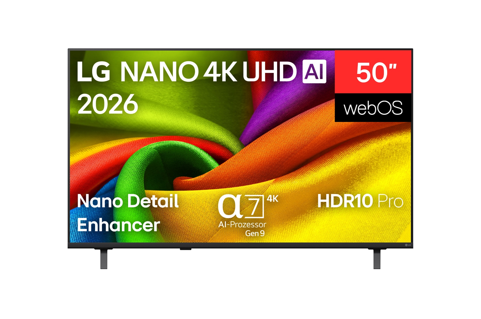 Vorderseite von 50 Zoll LG NANO 4K UHD AI NU8E Smart TV 2026 50NU8E0B3LA