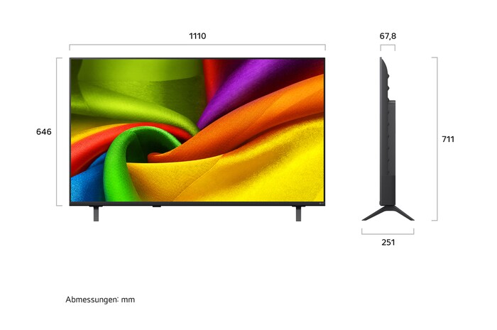 Der LG NANO 4K UHD AI NU80, gezeigt in Vorder- und Seitenansicht, verfügt über ein 50-Zoll-Display mit einer Bildschirmbreite von 1110 mm, einer Bildschirmhöhe von 646 mm, einer Höhe von 711 mm mit Standfuß, einer Profiltiefe von 67,8 mm und einer Standfläche von 929 x 251 mm.