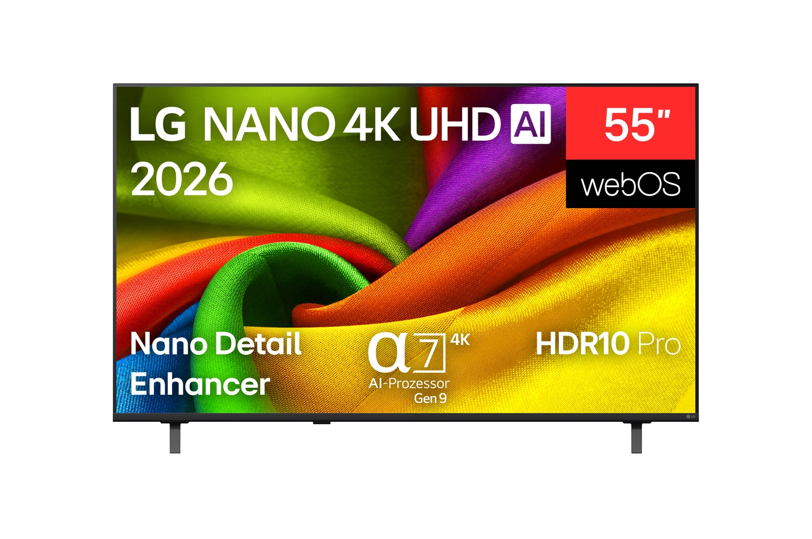 Vorderseite von 55 Zoll LG NANO 4K UHD AI NU8E Smart TV 2026 55NU8E0B3LA