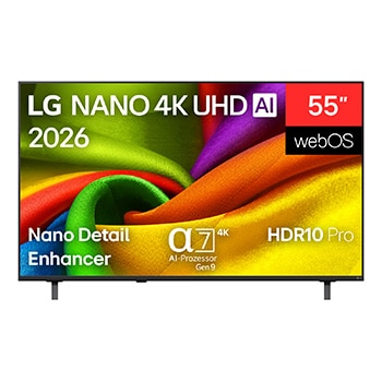 Vorderseite von 55 Zoll LG NANO 4K UHD AI NU8E Smart TV 2026 55NU8E0B3LA