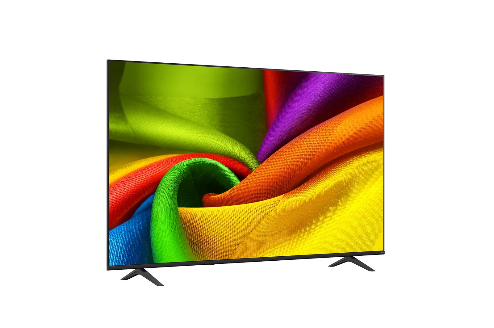 Der LG NANO 4K UHD AI NU80 mit Slim Design ist in einem hellen, offenen Wohnbereich an der Wand montiert. Er fügt sich mit seinem schlanken Profil nahtlos in den Raum. Auf dem Bildschirm sind lebendige, mehrfarbige abstrakte Formen zu sehen.