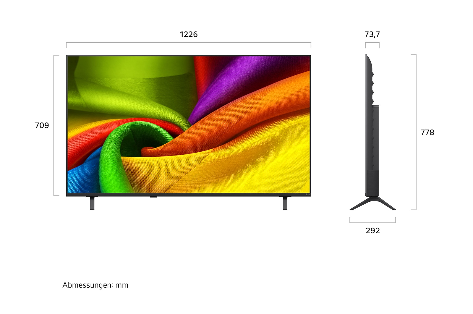 Der LG NANO 4K UHD AI NU80, gezeigt in Vorder- und Seitenansicht, verfügt über ein 55-Zoll-Display mit einer Bildschirmbreite von 1226 mm, einer Bildschirmhöhe von 709 mm, einer Höhe von 778 mm mit Standfuß, einer Profiltiefe von 73,7 mm und einer Standfläche von 1086 x 292 mm.