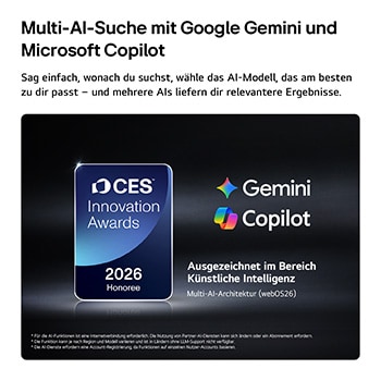 Das Emblem „CES Innovation Awards Honoree 2026“ in der Kategorie „Künstliche Intelligenz“ würdigt Multi AI Search mit Google Gemini und Microsoft Copilot.