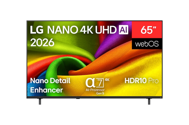 Vorderseite von 65 Zoll LG NANO 4K UHD AI NU8E Smart TV 2026 65NU8E0B3LA