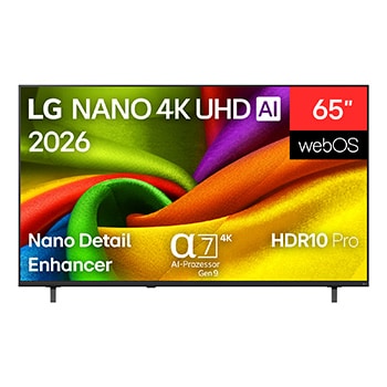 Vorderseite von 65 Zoll LG NANO 4K UHD AI NU8E Smart TV 2026 65NU8E0B3LA