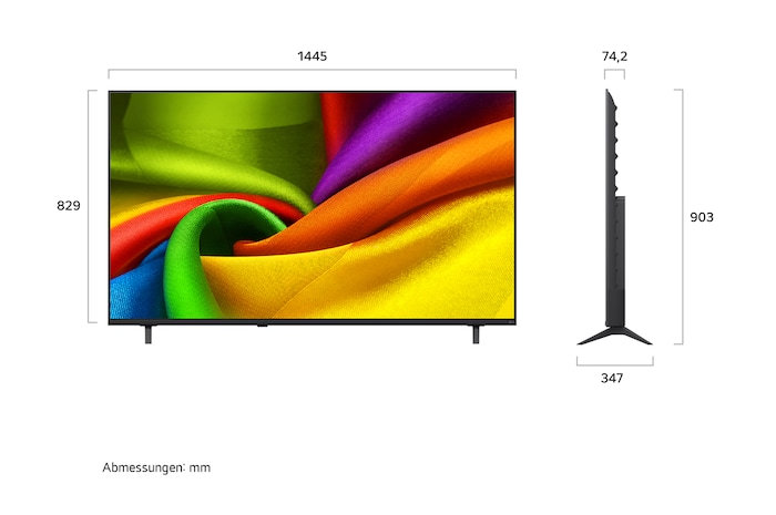 Der LG NANO 4K UHD AI NU80, gezeigt in Vorder- und Seitenansicht, verfügt über ein 65-Zoll-Display mit einer Bildschirmbreite von 1445 mm, einer Bildschirmhöhe von 829 mm, einer Höhe von 903 mm mit Standfuß, einer Profiltiefe von 74,2 mm und einer Standfläche von 1257 x 347 mm.