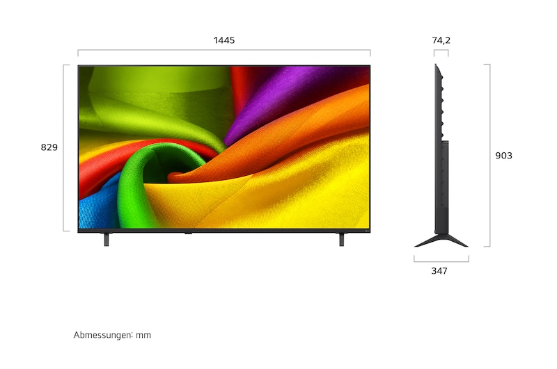 Der LG NANO 4K UHD AI NU80, gezeigt in Vorder- und Seitenansicht, verfügt über ein 65-Zoll-Display mit einer Bildschirmbreite von 1445 mm, einer Bildschirmhöhe von 829 mm, einer Höhe von 903 mm mit Standfuß, einer Profiltiefe von 74,2 mm und einer Standfläche von 1257 x 347 mm.