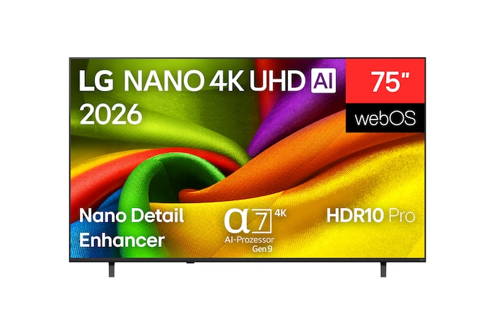 Die Vorderansicht des LG NANO 4K UHD AI NU80, der 2026 auf den Markt kam, füllt den Bildschirm mit reich strukturierten, stoffähnlichen Farbschichten, wobei sich lebendige, mehrfarbige Falten nahtlos über das Display ziehen.