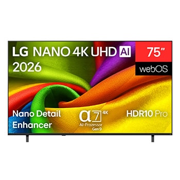 Vorderseite von 75 Zoll LG NANO 4K UHD AI NU8E Smart TV 2026 75NU8E0B3LA