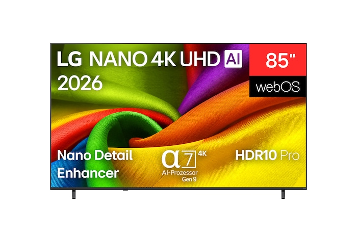 Die Vorderansicht des LG NANO 4K UHD AI NU8E, der 2026 auf den Markt kam, zeigt farbintensive, stoffähnliche Texturen auf dem Bildschirm, es bietet Nano Detail Enhancer, alpha 7 AI Processor 4K Gen9, HDR10 Pro, webOS und ein 85-Zoll-Display.