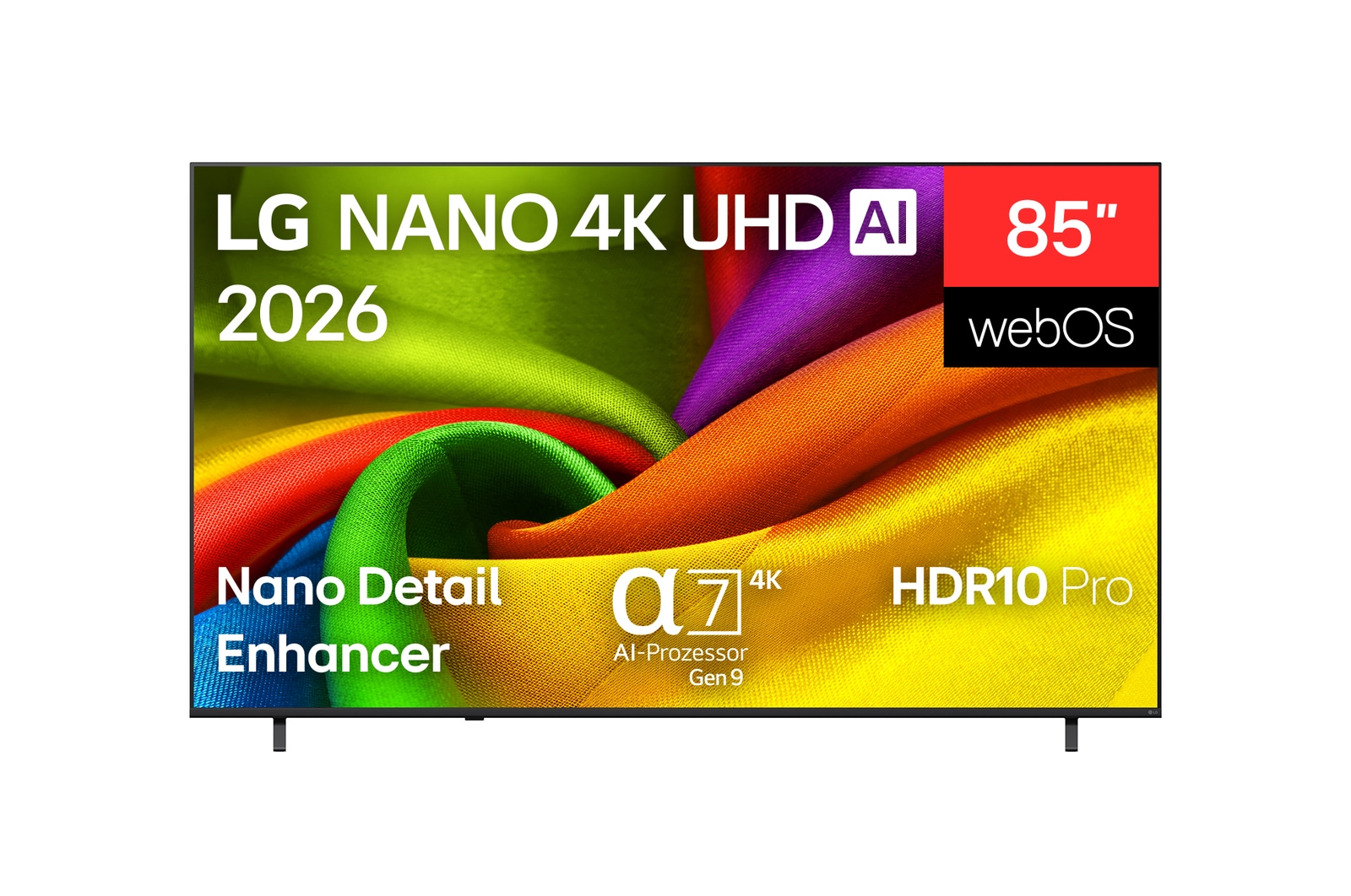 Vorderseite von 85 Zoll LG NANO 4K UHD AI NU80 Smart TV 2026 85NU8E0B3LA