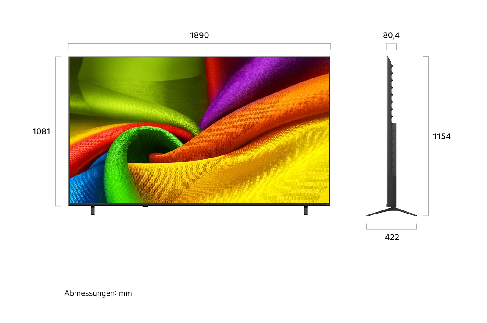 Der LG NANO 4K UHD AI NU8E, gezeigt in Vorder- und Seitenansicht, verfügt über ein 85-Zoll-Display mit einer Bildschirmbreite von 1890 mm, einer Bildschirmhöhe von 1081 mm, einer Höhe von 1154 mm mit Standfuß, einer Profiltiefe von 80,4 mm und einer Standfläche von 1713 x 422 mm.