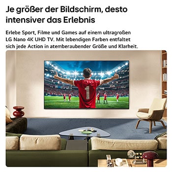 Ein wandmontierter LG NANO 4K UHD AI NU8E Ultra Big TV zeigt die Jubelszene eines Fußballspielers im Stadion unter hellen Scheinwerfern, wobei lebendige Farben, Klarheit und eine beeindruckende Größe hervorgehoben werden.