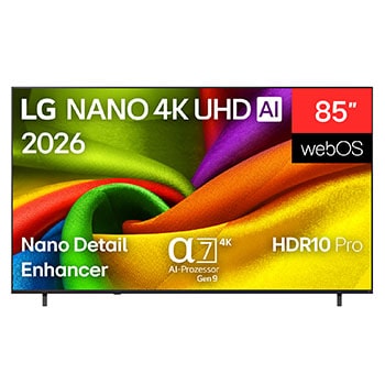 Vorderseite von 85 Zoll LG NANO 4K UHD AI NU80 Smart TV 2026 85NU8E0B3LA