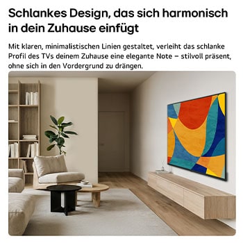 Der LG NANO 4K UHD AI NU8E mit Slim Design ist in einem hellen, offenen Wohnbereich an der Wand montiert. Er fügt sich mit seinem schlanken Profil nahtlos in den Raum. Auf dem Bildschirm sind lebendige, mehrfarbige abstrakte Formen zu sehen.