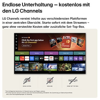 Der Startbildschirm des LG NANO 4K UHD AI NU8E führt dich zur LG Channels-Oberfläche, wo dir kostenlose Live-TV-Kanäle, Filme und exklusive Inhalte präsentiert werden. Es hebt den direkten Zugriff auf Hunderte von Unterhaltungsoptionen ohne Zahlung, ohne Abonnement und ohne Set-Top-Box hervor.
