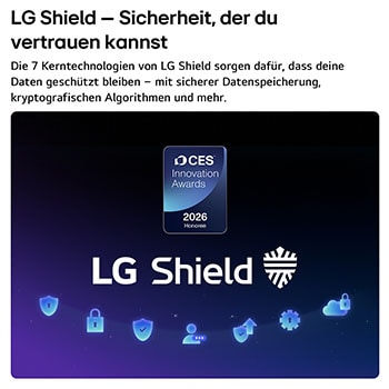 LG Shield, angewendet auf einem LG NANO 4K UHD AI NU8E, wird mit einem LG Shield-Logo in der Mitte, Sicherheitssymbolen darunter und einem 2026 CES Innovation Awards Honoree-Emblem darüber gezeigt, das für Daten- und Systemschutz steht.