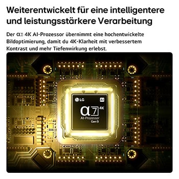 Der alpha 7 Gen9 4K AI Prozessor des LG NANO 4K UHD AI NU8E in der Mitte einer gelben Leiterplatte unterstreicht die intelligentere, leistungsstärkere KI-Verarbeitung, die die 4K-Bildschärfe mit verbessertem Kontrast und Tiefe optimiert.