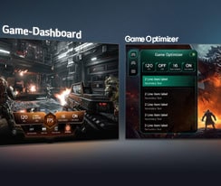 Der LG NANO 4K UHD AI NU85 mit Game Dashboard und Optimizer zeigt nebeneinander liegende Game-Bildschirme und ein Bildschirmmenü zur Anpassung von Gameplay-Einstellungen wie Bildwiederholrate, Latenz und visuelle Modi in Echtzeit.