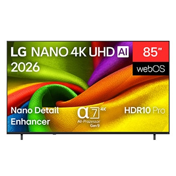 Vorderseite von 85 Zoll LG NANO 4K UHD AI NU90 Smart TV 2026 85NU900B6LA