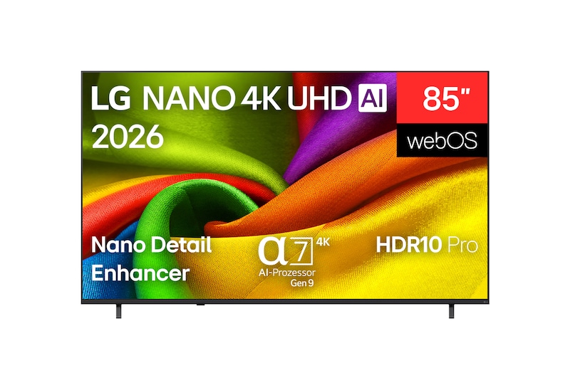 Vorderseite von 85 Zoll LG NANO 4K UHD AI NU90 Smart TV 2026 85NU900B6LA