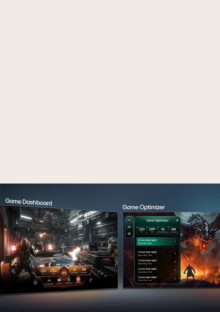 Der LG OLED evo AI C6 mit Game Dashboard und Optimizer zeigt nebeneinander liegende Gaming-Bildschirme und ein Bildschirmmenü zur Anpassung von Gameplay-Einstellungen wie Bildwiederholrate, Latenz und visuelle Modi in Echtzeit.