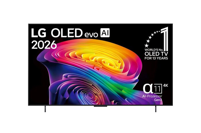 Die Vorderansicht des LG OLED evo AI C6. Auf dem Bildschirm ist ein lebhafter, plastischer Wirbel aus geschichteten Regenbogentönen zu sehen.