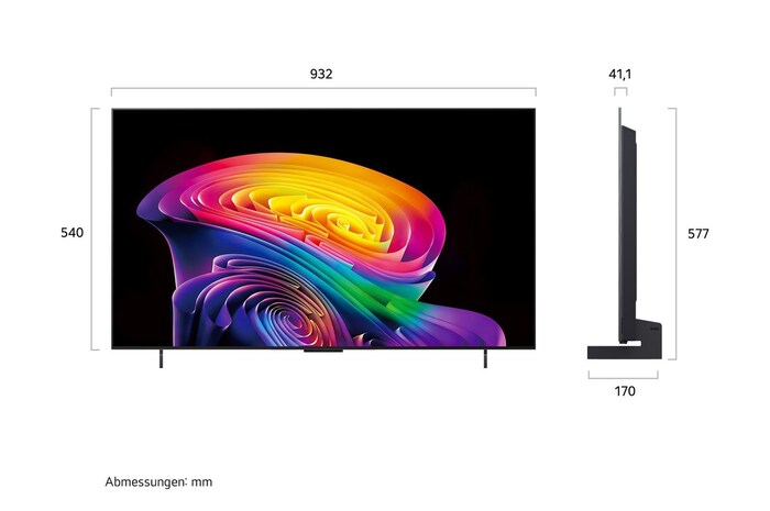 Der LG OLED evo AI C6, gezeigt in Vorder- und Seitenansicht, verfügt über ein 42-Zoll-Display mit einer Bildschirmbreite von 932 mm, einer Gesamthöhe von 540 mm und einer ultraschlanken Tiefe von 41,1 mm ohne Standfuß.
