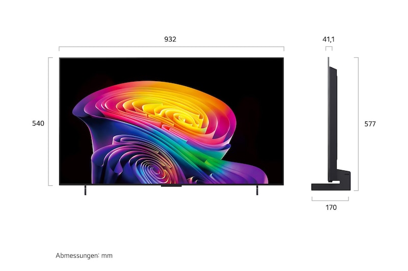 Der LG OLED evo AI C6, gezeigt in Vorder- und Seitenansicht, verfügt über ein 42-Zoll-Display mit einer Bildschirmbreite von 932 mm, einer Gesamthöhe von 540 mm und einer ultraschlanken Tiefe von 41,1 mm ohne Standfuß.