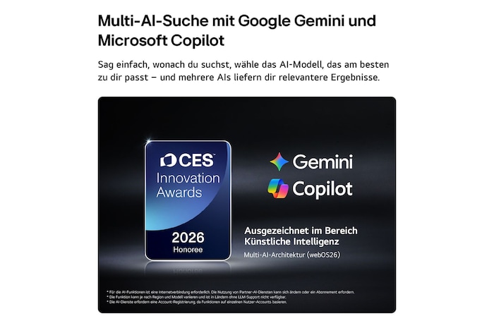Das Emblem „CES Innovation Awards Honoree 2026“ in der Kategorie „Künstliche Intelligenz“ würdigt Multi AI Search mit Google Gemini und Microsoft Copilot.
