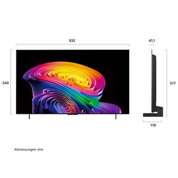 Der LG OLED evo AI C6, gezeigt in Vorder- und Seitenansicht, verfügt über ein 42-Zoll-Display mit einer Bildschirmbreite von 932 mm, einer Gesamthöhe von 540 mm und einer ultraschlanken Tiefe von 41,1 mm ohne Standfuß.