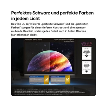 Der LG OLED evo AI C6 zeigt einen geteilten Bildschirm mit Planeten und Sternen und einer Gegenüberstellung eines matten Displays mit Anti-glare und der Anzeige mit perfektem Schwarz und perfekten Farben, die bei jedem Licht eine klarere Bildqualität bietet. Unterstützt wird sie durch UL-Zertifizierung und Intertek-Zertifizierungen für Farbvolumen und Farbtreue.