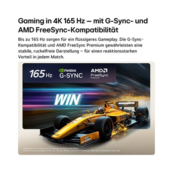 Der LG OLED evo AI C6 für unschlagbares Gameplay in 4K 165 Hz zeigt ein High-Speed-Rennspiel mit einem gelben offenen Auto in Bewegung, fettem „WIN“-Text auf dem Bildschirm und NVIDIA G-SYNC- und AMD FreeSync Premium-Logos oben.