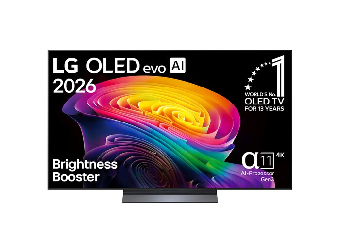 Die Vorderansicht des LG OLED evo AI C6 zeigt ein Bild aus vielschichtigen, bunten Formen mit perfektem Schwarz und perfekten Farben sowie dem Emblem „World'S No. 1 OLED TV for 13 years“.