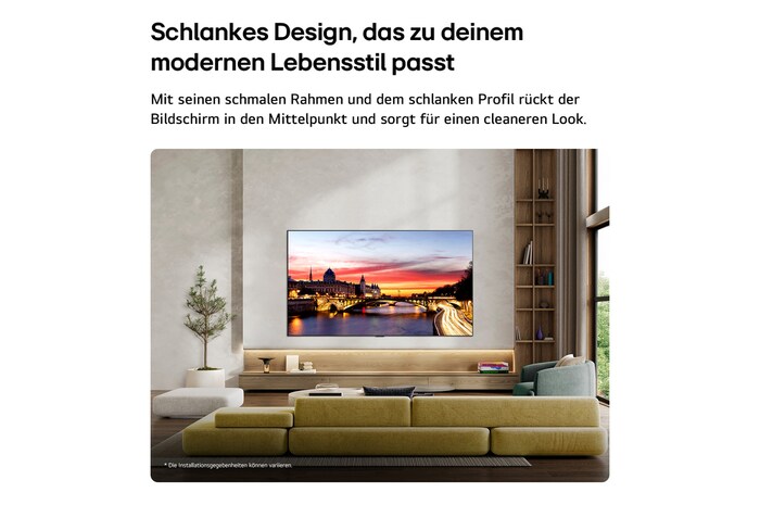 Der LG OLED evo AI C6, wandmontiert in einem stilvollen Wohnraum, bietet ein schlankes Design mit schmalen Rändern. Auf dem Bildschirm ist eine Stadtlandschaft am Fluss bei Sonnenuntergang zu sehen. 