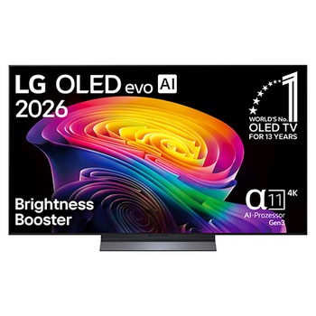 Die Vorderansicht des LG OLED evo AI C6. Auf dem Bildschirm ist ein lebhafter, plastischer Wirbel aus geschichteten Regenbogentönen zu sehen.