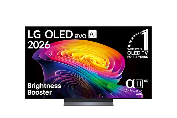 Die Vorderansicht des LG OLED evo AI C6 zeigt ein Bild aus vielschichtigen, bunten Formen mit perfektem Schwarz und perfekten Farben sowie dem Emblem „World'S No. 1 OLED TV for 13 years“.