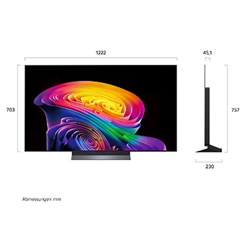 Der LG OLED evo AI C6, gezeigt in Vorder- und Seitenansicht, verfügt über ein 55-Zoll-Display mit einer Bildschirmbreite von 1222 mm, einer Gesamthöhe von 703 mm und einer ultraschlanken Tiefe von 45,1 mm ohne Standfuß.
