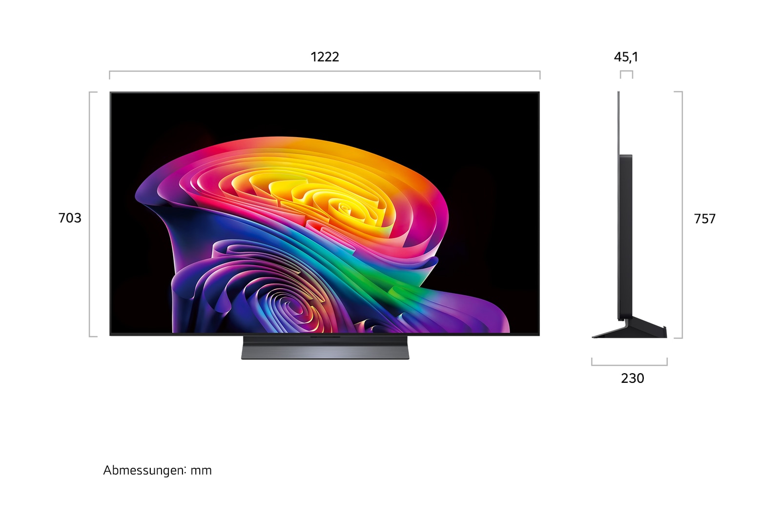 Der LG OLED evo AI C6, gezeigt in Vorder- und Seitenansicht, verfügt über ein 55-Zoll-Display mit einer Bildschirmbreite von 1222 mm, einer Gesamthöhe von 703 mm und einer ultraschlanken Tiefe von 45,1 mm ohne Standfuß.