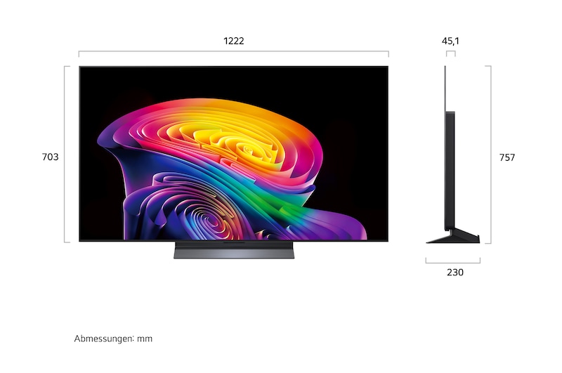 Der LG OLED evo AI C6, gezeigt in Vorder- und Seitenansicht, verfügt über ein 55-Zoll-Display mit einer Bildschirmbreite von 1222 mm, einer Gesamthöhe von 703 mm und einer ultraschlanken Tiefe von 45,1 mm ohne Standfuß.