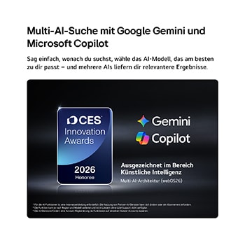 Das Emblem „CES Innovation Awards Honoree 2026“ in der Kategorie „Künstliche Intelligenz“ würdigt Multi AI Search mit Google Gemini und Microsoft Copilot.