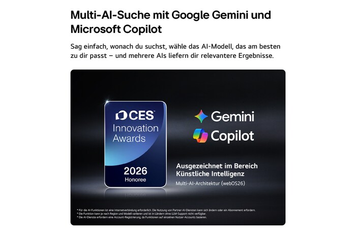 Das Emblem „CES Innovation Awards Honoree 2026“ in der Kategorie „Künstliche Intelligenz“ würdigt Multi AI Search mit Google Gemini und Microsoft Copilot.