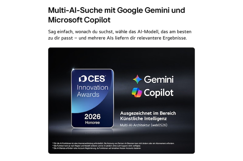 Das Emblem „CES Innovation Awards Honoree 2026“ in der Kategorie „Künstliche Intelligenz“ würdigt Multi AI Search mit Google Gemini und Microsoft Copilot.