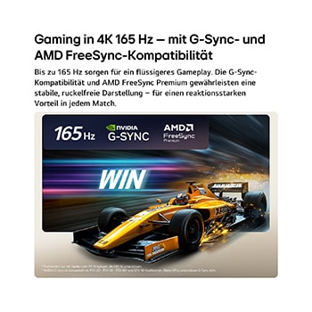 Der LG OLED evo AI C6 für unschlagbares Gameplay in 4K 165 Hz zeigt ein High-Speed-Rennspiel mit einem gelben offenen Auto in Bewegung, fettem „WIN“-Text auf dem Bildschirm und NVIDIA G-SYNC- und AMD FreeSync Premium-Logos oben.