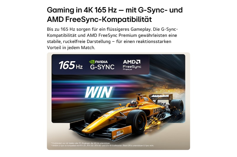 Der LG OLED evo AI C6 für unschlagbares Gameplay in 4K 165 Hz zeigt ein High-Speed-Rennspiel mit einem gelben offenen Auto in Bewegung, fettem „WIN“-Text auf dem Bildschirm und NVIDIA G-SYNC- und AMD FreeSync Premium-Logos oben.